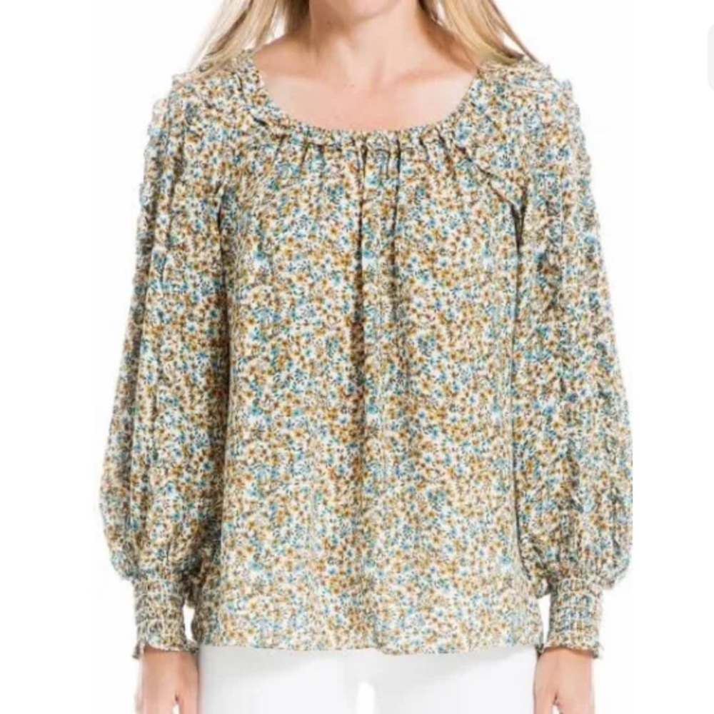 Max Studio Floral Blouse Ruched Cuff Top Poly Size XS